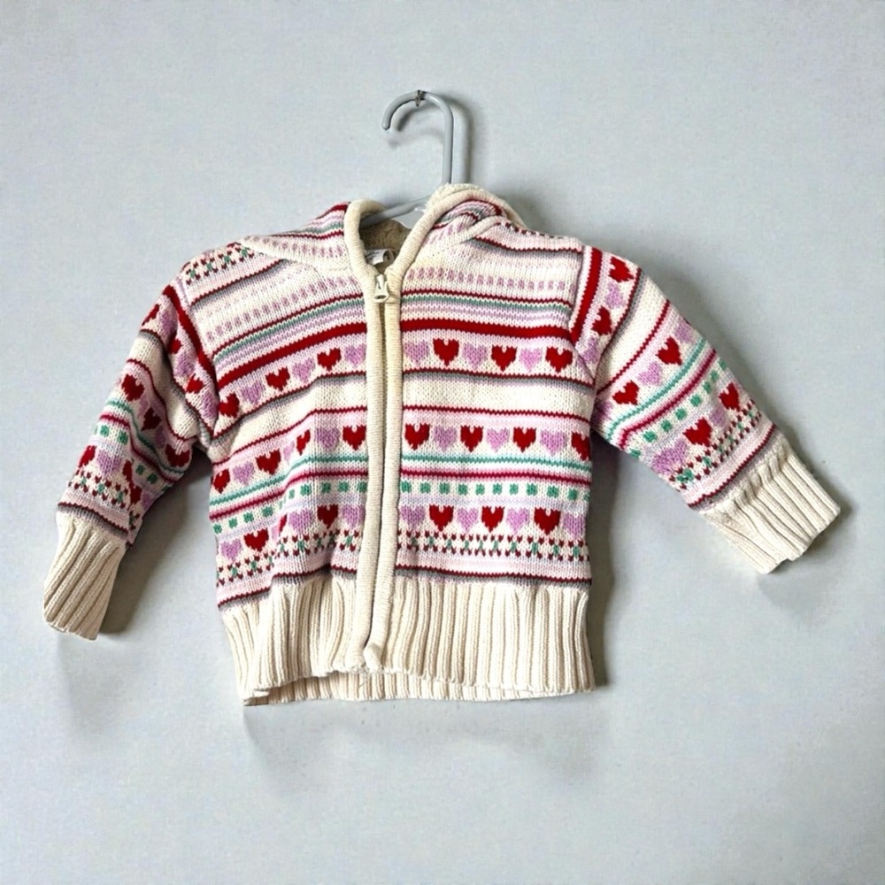Gap Baby Hooded Knit Sweater Fair Isle Heart Pattern Sherpa Lined 3-6 Months